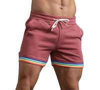 Men's Summer Plain Rainbow Trousers Pocket Drawstring Loose Casual Sports Running Trousers Straight Shorts Beach Trousers, red, 3XL