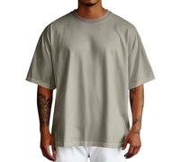 Men's Summer Pure Oversized Shirt Plain Large Size Short Sleeve Crew Neck Sleeve Top, khaki, XXL