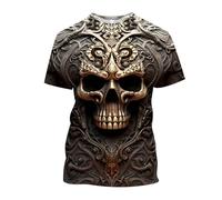 Men's Summer Round Neck Vintage Elegant Crew Neck Skull Short Sleeve T-Shirt Slim Fit Design Crew Neck Fashion Top Print Shirt Halloween Skull Death Metal Biker Sporty, E Black, XL