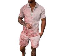 Mens Summer Sets 2 Piece Outfits Short Sleeve Button Down Casual Hippie Holiday Beach T-Shirts Shorts Outfits Mens St Patricks Day Outfit Active Sets（Pink, XXL