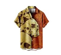 Men's Summer Shirt Retro Rose Flower Skull Printed Blouse Lapel Button Down Short Sleeve T-Shirts Gothic Skeleton Printed Shirt Holiday Party Beach Shirts Hawaiian Shirts, orange, 5XL