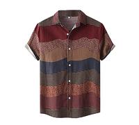Men's Summer Shirt Short Sleeve Blouse V Neck Collar Top Button Down Plaid T-Shirts Casual Breathable and Loose (Red, XXL)