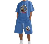 Mens Summer Shorts and T Shirts Sets 2 Piece Outfits Short Sleeve Graphic Tops Lightweight Plain Elastic Waist Lounge Shorts Workout Holiday Novelty Soft Quick Dry Tracksuits, Blue, XXL