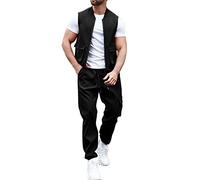 Men's Summer Sleeveless Work Wear Vest Trousers Suit Two Piece Set Linen Suit Men's Trouser Suit Summer Plain Fashion Two Piece Leisure Suit Sports Suit Set, black, S