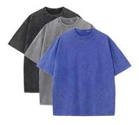 Men's Summer T-Shirt from Heavyweight Cotton, Oversized, Vintage Style, Loose Fit, Pack of 3, Black + grey + blue, M