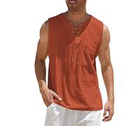 Mens Summer Tank Tops Loose Fit Linen Lace up Casual Sleeveless Tshirt Beach Retro Style Sport Lightweight Tees Breathable Hiking Big and Tall Tops Red