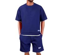 Men's Summer Tracksuit Set 2 Pieces Solid Classic Waffle Tshirts Elastic Waist Drawstrings Shorts with Pockets Lightweight Breathable Jogging Tracksuits Sets Mens Casual Sports Outfits Navy