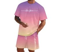 Men's Summer Tracksuit Set Fashion Summer Tracksuits Casual Short Sets Short Sleeve Crew Neck Shirt Sets Casual Jogging Suits Matching Beach Vacation 2 Piece Outfit Jogging (#001 Light Purple,5XL)
