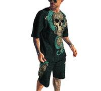 Men's Summer Tracksuit Two Piece Outfit Set Viking Skull 3D Printed T-Shirt and Shorts Set Casual Loose Sportswear
