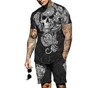 Men's Summer Tracksuit Two Piece Outfit Set Viking Skull 3D Printed T-Shirt and Shorts Set Casual Loose Sportswear