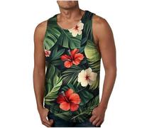 Men's Summer Vests Clearance,Men Hawaiian Floral Printed Breathable Round Neck Tank Tops Holiday Beach Vacation Bodybuilding Muscle Vest Gym Workout Athletic Fitness Sport Tank Top UK Size S-XXL