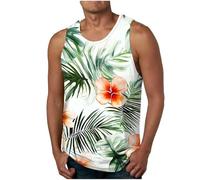Men's Summer Vests Clearance,Men Hawaiian Floral Printed Breathable Round Neck Tank Tops Holiday Beach Vacation Bodybuilding Muscle Vest Gym Workout Athletic Fitness Sport Tank Top UK Size S-XXL