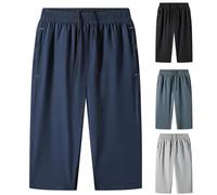 Mens Summers Casual Shorts UK Clearance, Cotton Gym Shorts 3/4 Length Pants Drawstring Elastic Waist Bottoms Flat Front Sweatshorts Zip Pockets Capri Cropped Trousers Work Hiking Shorts Plus Size