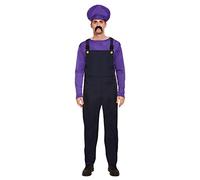 Mens Super Mario BROS Brothers Luigi Bad Guy Waluigi Purple Fancy Dress Costume Workman Plumber