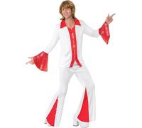 Smiffys Super Trooper Male Costume, White and Red 70s Disco Outfit for Men, Includes Flared Shirt and Matching Trousers, Retro Fancy Dress, Party and Event Wear, 70's band costume Halloween