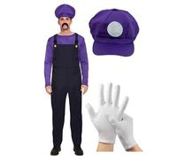 Mens Super Workman Fancy Dress Outfit Villain Plumber Overalls Video Game Character - Costume, Hat With Logo & Short White Gloves (Waluigi Costume, Hat & Gloves (Purple))
