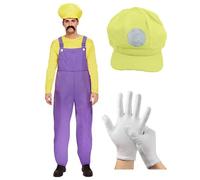 Mens Super Workman Fancy Dress Outfit Villain Plumber Overalls Video Game Character - Costume, Hat With Logo & Short White Gloves (Wario Costume, Hat & Gloves (Yellow))