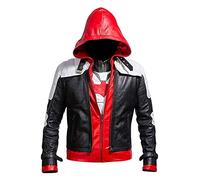 Men's Superhero Red Hood Leather Jacket + White Arkham Jason Todd Knight Vest 2 in 1 Black Biker Jacket