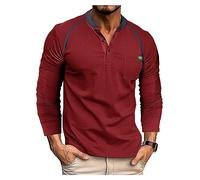 Men's Sweat Wicking Long Sleeve High Performance Tshirt Colour Block Buttons Small Slit Collar Tee Wine Red