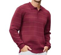 Mens Sweater Vintage Plaid Knit Polo Sweater Long Sleeve Ribbed Stitching Winter Warm Sweater, Red, Medium