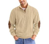 Mens Sweatshirt Retro Vintage Knit Print Sweater 3D Printed Stand Up Collar Long Stand Collar Henley Button Pullover Top Beige