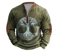 Men's Sweatshirt with Celtic Tree of Life - Pullover with Yggdrasil Motif and Zip Collar | Rustic Viking Jumper with Elbow Patches, Style B01 Green, XL