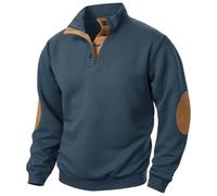 Men's Sweatshirt Without Hood, Pullover Men's V-Neck Patchwork Sweatshirt Elbow Patches Sweater Loose Fit Retro Elbow Patches Stand-Up Collar with Button Placket Long Sleeve Top, gray, L