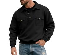 Mens Sweatshirt Zip up Hoodie Collared Shirt Men Casual Stylish Relaxed Fit Long Sleeve Cargo Multi Pockets 1/4 Button up Work Golf Polo Sweatshirt Black X-Large