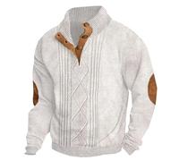 Mens Sweatshirts Button Up V Neck Vintage Henley Sweatshirts Plaid Printed Stand Collar Pullover Sweat Tops Long Sleeve Winter Sweaters Jumpers with Elbow Patches Oversized Loose Casual Tops New