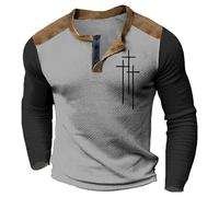 Mens Sweatshirts Henry Shirts Christmas Long Sleeve Pullover Fashion Vintage Cross Printed Tops Block Color Tshirts Button Up Casual Men's Tshirts (Grey, XL)