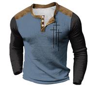 Mens Sweatshirts Henry Shirts Christmas Long Sleeve Pullover Fashion Vintage Cross Printed Tops Block Color Tshirts Button Up Casual Men's Tshirts (Blue, L)