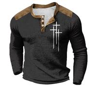 Mens Sweatshirts Henry Shirts Christmas Long Sleeve Pullover Fashion Vintage Cross Printed Tops Block Color Tshirts Button Up Casual Men's Tshirts (Black, XXXL)