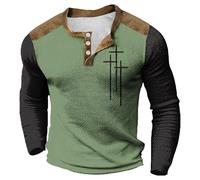 Mens Sweatshirts Henry Shirts Christmas Long Sleeve Pullover Fashion Vintage Cross Printed Tops Block Color Tshirts Button Up Casual Men's Tshirts (Green, XXXXL)