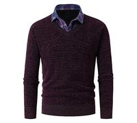 Mens Sweatshirts Knitted Jumper Warm Undershirts Men's Plaid Collar Fake Two-Piece Shirt Long Sleeve Lapel Plush Slim Stretch Casual Sweater Bottoming Top Pullover Jumper Shirts UK Wine