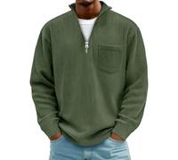 Mens Sweatshirts No Hood Corduroy Pullover Top Quarter Zip Jumper Coat | Stand Collar Pullovers Ribbed Cuffs Sweatshirt Tops Oversized Soft Chest Patch Pocket Jumpers For Autumn Daily Casual
