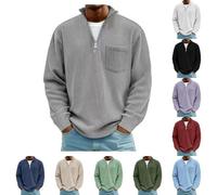 Mens Sweatshirts No Hood Corduroy Pullover Top Quarter Zip Jumper Coat | Stand Collar Pullovers Ribbed Cuffs Sweatshirt Tops Oversized Soft Chest Patch Pocket Jumpers For Autumn Daily Casual