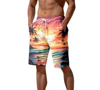 Mens Swim Shorts Seaside Coconut Tree Sunset Printed Surfing Trunk for Men UK Quick Dry Summer Breathable Swimming Shorts with Drawstring Hawaiian Holiday Beach Pants Loose Fit Sports Trunks Orange