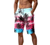Mens Swim Shorts Seaside Coconut Tree Sunset Printed Surfing Trunk for Men UK Quick Dry Summer Breathable Swimming Shorts with Drawstring Hawaiian Holiday Beach Pants Loose Fit Sports Trunks Red