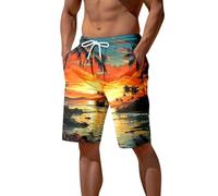 Mens Swim Shorts Seaside Coconut Tree Sunset Printed Surfing Trunk for Men UK Quick Dry Summer Breathable Swimming Shorts with Drawstring Hawaiian Holiday Beach Pants Loose Fit Sports Trunks Green