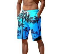 Mens Swim Shorts Seaside Coconut Tree Sunset Printed Surfing Trunk for Men UK Quick Dry Summer Breathable Swimming Shorts with Drawstring Hawaiian Holiday Beach Pants Loose Fit Sports Trunks Blue