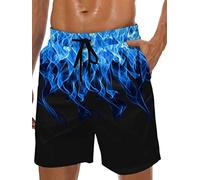 Men's Swim Trunks Hawaiian Bathing Mesh Lining Suit Swimsuits Beach Shorts with Pockets, Black-Blue Flame, S