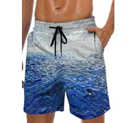 Men's Swim Trunks Hawaiian Bathing Mesh Lining Suit Swimsuits Beach Shorts with Pockets, Blue White-Brick, M
