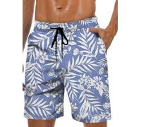 Men's Swim Trunks Hawaiian Bathing Mesh Lining Suit Swimsuits Beach Shorts with Pockets, Blue-White Flower, X-Large