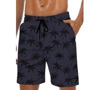 Men's Swim Trunks Hawaiian Bathing Mesh Lining Suit Swimsuits Beach Shorts with Pockets, Grey-palm Tree, X-Large
