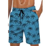 Men's Swim Trunks Hawaiian Bathing Mesh Lining Suit Swimsuits Beach Shorts with Pockets, Teal-palm Tree, S