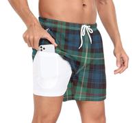 Mens Swim Trunks Mens Lined Workout Shorts Scotland Plaid Blue Green with Liner Inseam Mens Bathing Suit Quick Dry, Scotland Buffalo Plaid Tartan Check Blue Black Cream Green, X-Large