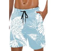 Men's Swim Trunks Quick Dry Hawaiian Board Shorts Mesh Lining 9 Inch Inseam Beach Shorts with Pockets, Blue-white Leaves, L