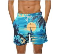 Mens Swimming Shorts Comfortable Holiday Beach Shorts Loose Elasticated Waist Short Trousers Pockets Hawaiian Print Quick Dry Casual Summer Surf Board Half Pants Lightweight Vacation Outdoor Bottoms