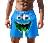 Mens Swimming Shorts Elastic Wiast Funny 3D Cartoon Smile Face Big Eyes Print Beach Shorts Summer Casual Party Holiday Vacation Swim Trunks Drawstring Beachwear with Pockets Gifts for Men Sky Blue