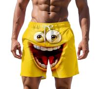 Mens Swimming Shorts Elastic Wiast Funny 3D Cartoon Smile Face Big Eyes Print Beach Shorts Summer Casual Party Holiday Vacation Swim Trunks Drawstring Beachwear with Pockets Gifts for Men Yellow